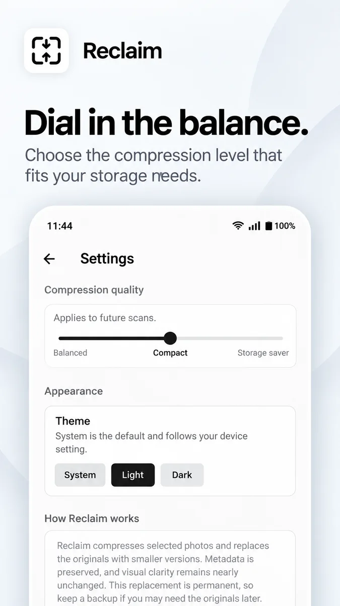 Compression quality and appearance settings